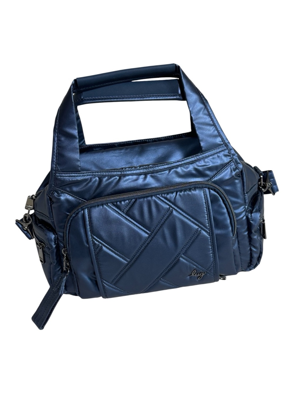 Lug Rumble Satchel Crossbody Bag Metallic Indigo Chevron Quilted RFID Blue